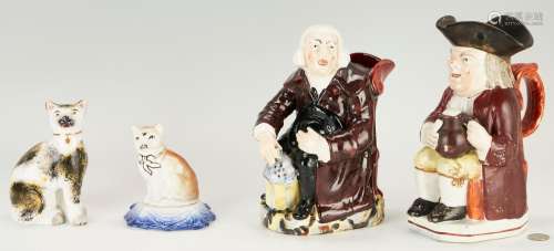 4 PEARLWARE & STAFFORDSHIRE FIGURES, INCL. CAT, BANK, TO...