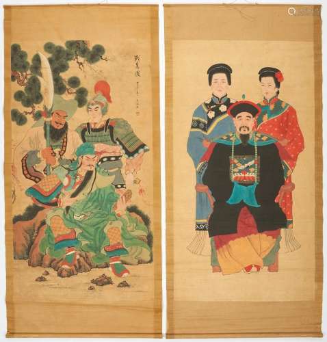 2 CHINESE SCROLLS, FAMILY PORTRAIT & GROUP OF WARRIORS