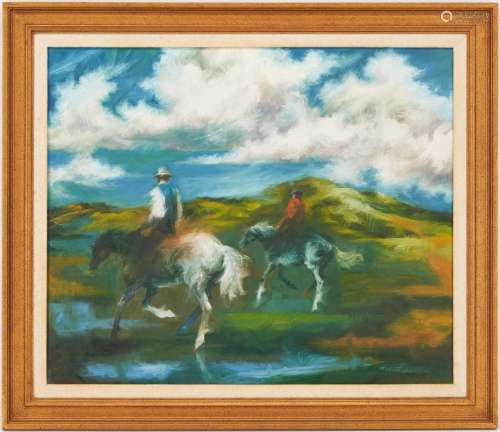 ROBERT J LEE O/C EQUESTRIAN PAINTING, TWO RIDERS