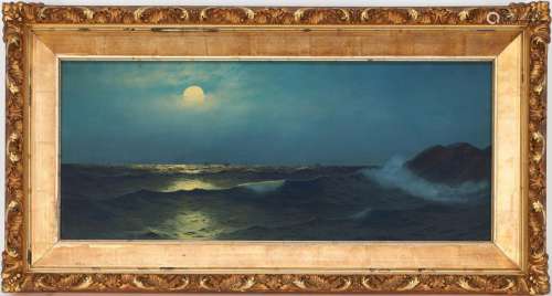 MARINE SEASCAPE PAINTING OF NIGHT SKY WITH MOONLIT WAVES