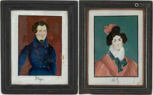 PAIR OF 19TH CENTURY EGLOMISE PAINTED PORTRAITS