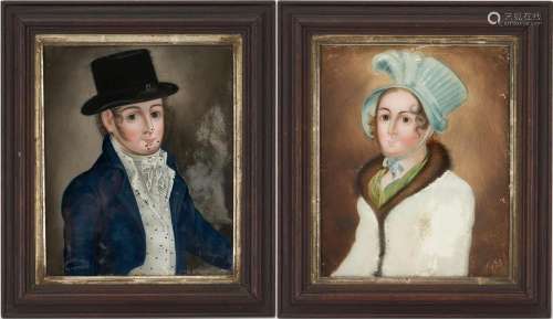 PR. EARLY REVERSE GLASS PAINTINGS, LADY AND GENTLEMAN