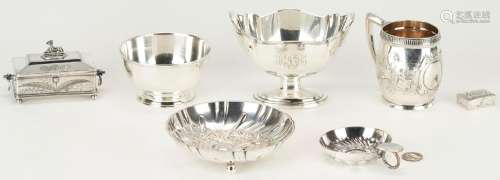 7 PCS. STERLING & SILVERPLATE, INCL. GORHAM MUG, FIGURAL...