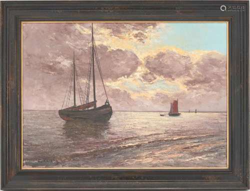CONTINENTAL SCHOOL O/C MARITIME PAINTING, BOATS UNDER AN EVE...