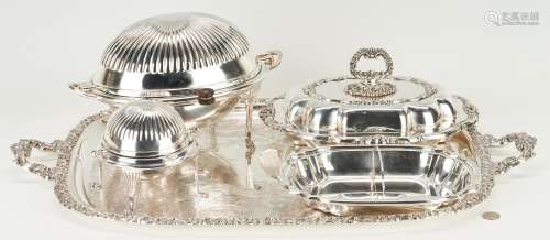 5 PIECES OF ENGLISH & AMERICAN SILVER PLATED HOLLOWWARE