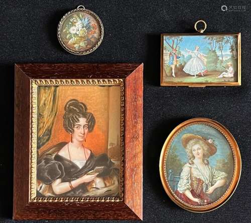 Konvolut mit vier Miniaturen, Ölmalereien: Portrait einer Da...