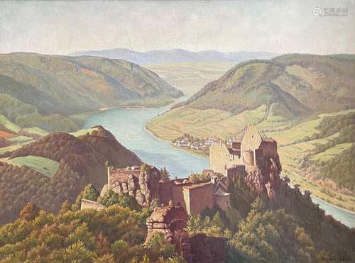 H. Wintzen. Blick auf die Burgruine Aggstein und die Donau i...