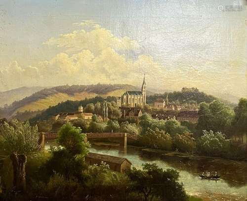 P. Stellwag, Flußlandschaft mit Kirche und Ortschaft/ River ...