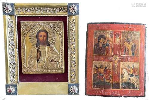 2 Ikonen: 1 x Ikone, Jesus Christus Oklad, 38 x 31 cm; 1 x I...