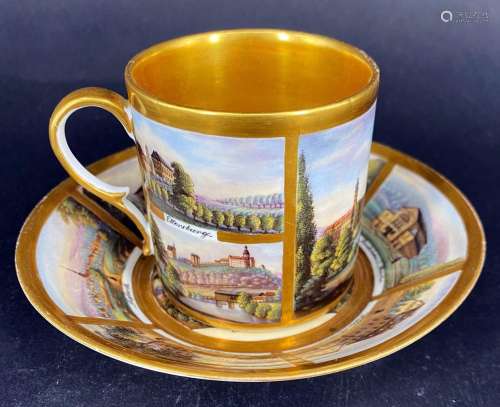 Meissen, Ansichtentasse mit Untertasse, feine polychrome Mal...