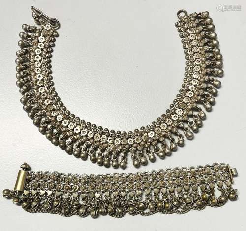 Indisches Collier mit Armband, Silber (geprüft), L. 33 und 1...