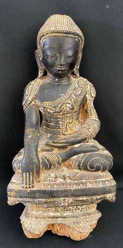 Buddha, Alter unbekannt, Holz, schwarz und golden gefasst, A...