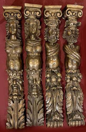 4 große Karyatidfiguren, 1. H. 20. Jh., Holz. 2 Männer und 2...