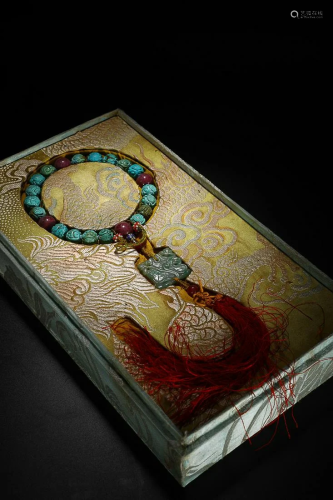 CHINESE TURQUOISE STONE 18-COUNTS ROSARY WITH CARVED 'SHOU M...