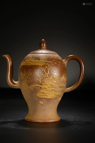 CHINESE ZISHA TEAPOT WITH CARVED 'LANDSCAPE'