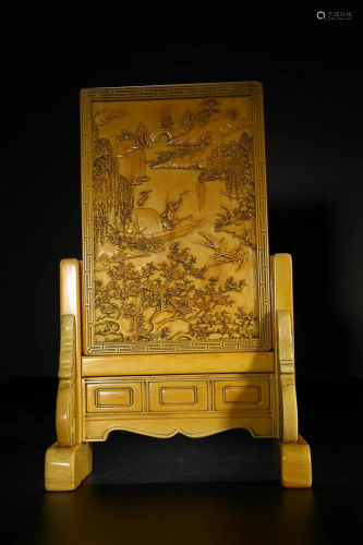 CHINESE INSCRIBED RARE MATERIAL TABLE SCREEN WITH CARVED 'FI...