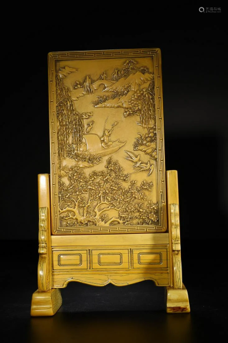 CHINESE RARE MATERIAL TABLE SCREEN WITH CARVED 'LANDSCAPE'