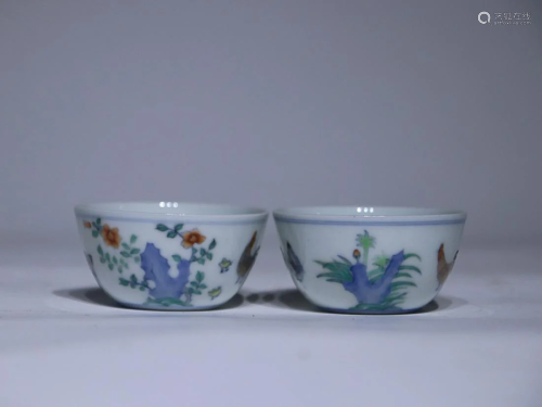 TWO CHINESE DOUCAI CUPS DEPICTING 'FOWL', 'MING CHENGHUA' MA...