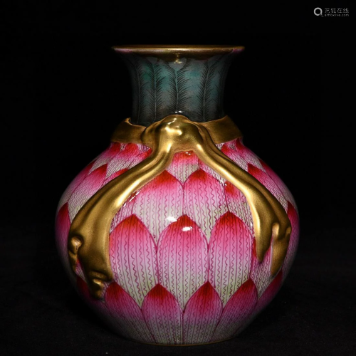 CHINESE GILDED ON FAMILLE-ROSE ZUN VASE DEPICTING 'LOTUS' AN...