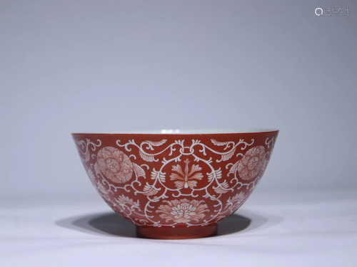 CHINESE RED-GLAZED AND IRON-RED ENAMELED BOWL DEPICTING 'FLO...