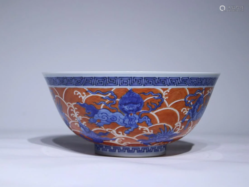 CHINESE BLUE-AND-WHITE AND IRON-RED ENAMELED BOWL DEPICTING ...