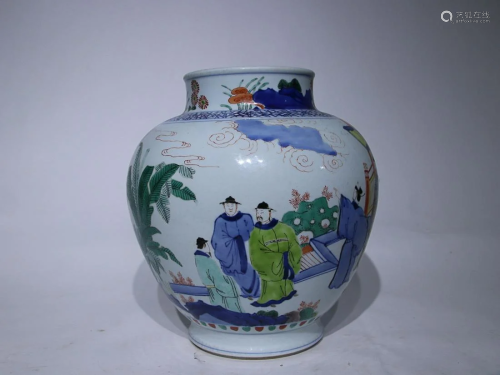 CHINESE BLUE-AND-WHITE AND FAMILLE-VERTE JAR DEPICTING 'FIGU...