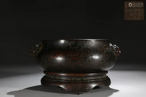 CHINESE BRONZE LION-HANDLED CENSER, 'WU BANGZHUO' MARK