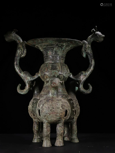 CHINESE BRONZE HANDLED GOAT-FORM DING