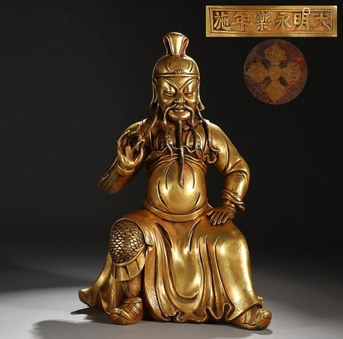 CHINESE GILT-BRONZE FIGURE OF GUANYU, 'MING YONGLE' MARK