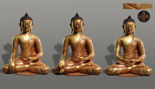 THREE CHINESE GILT-BRONZE FIGURES OF TRIKALA BUDDHAS