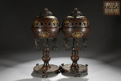 TWO CHINESE PARCEL-GILT-BRONZE HAT RACKS,' MING XUANDE' MARK