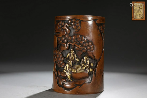 CHINESE PARCEL-GILT-BRONZE BRUSHPOT DEPICTING 'TRIO OF CHINE...