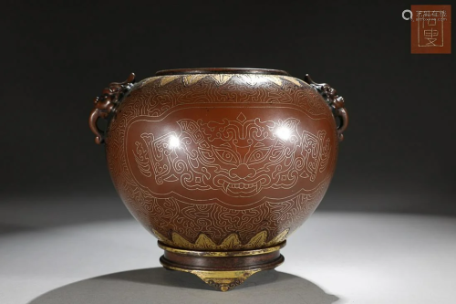 CHINESE GOLD AND SILVER-INLAID BRONZE CENSER DEPICTING 'TAOT...