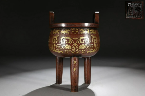 CHINESE GOLD AND SILVER-INLAID BRONZE DING-FORM CENSER DEPIC...