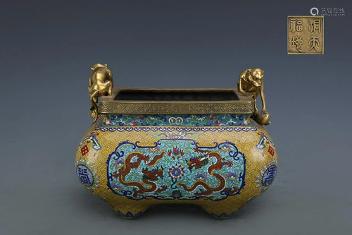 CHINESE CLOISONNE ENAMEL MONKEY-HANDLED CENSER DEPICTING 'DR...