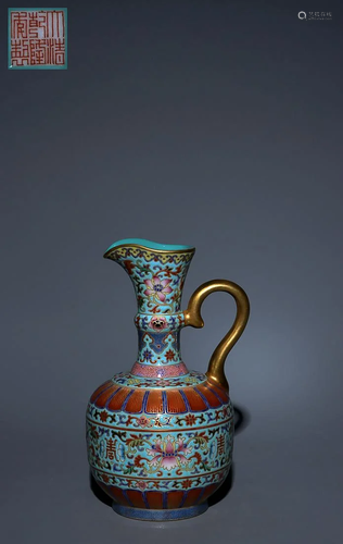 CHINESE CLOISONNE ENAMEL EWER DEPICTING 'LOTUS SCROLL', 'QIN...