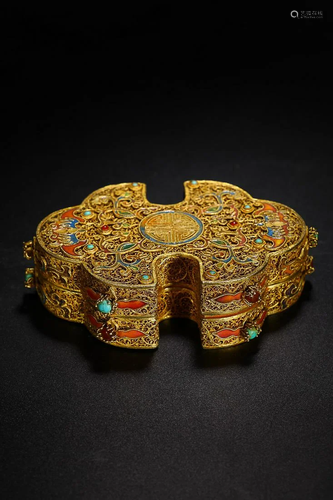 CHINESE MIXED GEMSTONES-INLAID GILT-SILVER FILIGREE COVERED ...