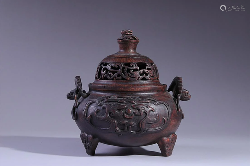 CHINESE AGARWOOD INCENSE BURNER WITH CARVED 'DRAGON'