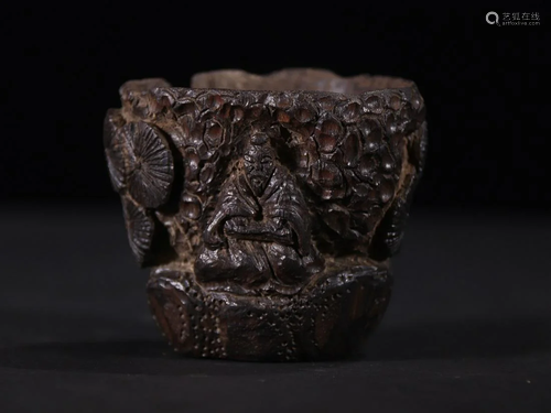 CHINESE AGARWOOD BRUSH WASHER WITH CARVED 'FIGURE STORY'