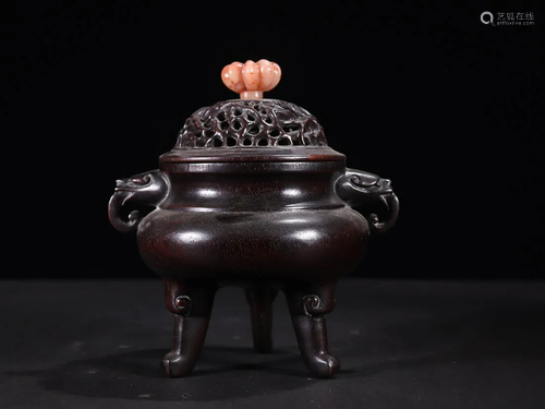 CHINESE SHOUSHAN STONE-EMBELLISHED SANDALWOOD BEAST-HANDLED ...