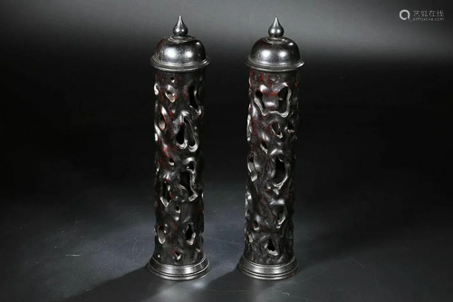 TWO CHINESE SANDALWOOD INCENSE POTS