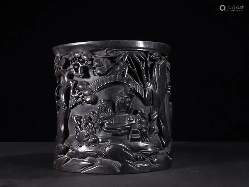 CHINESE SANDALWOOD BRUSHPOT WITH CARVED 'FIGURE STORY'