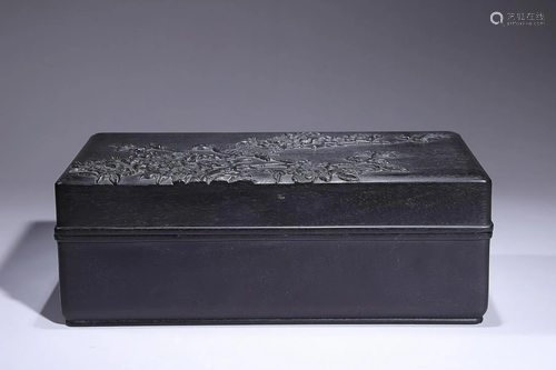 CHINESE SANDALWOOD COVERED BOX WITH CARVED 'BIRD AND PRUNUS'