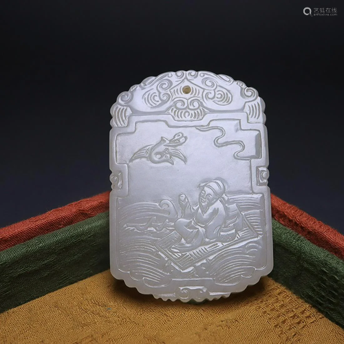 CHINESE HETIAN JADE PENDANT WITH CARVED 'FIGURE STORY'