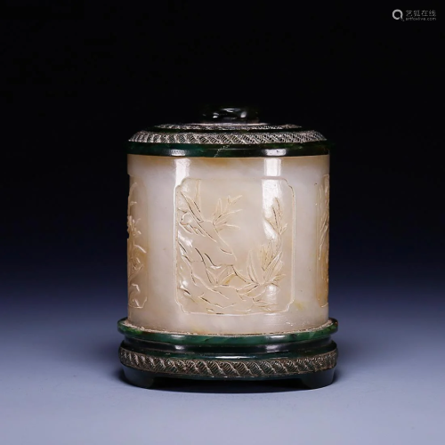 CHINESE HETIAN JADE COVERED BOX WITH CARVED 'FOUR GENTLEMEN ...