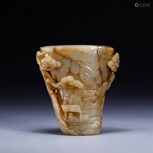 CHINESE HETIAN JADE CUP WITH CARVED 'FIGURE IN A LANDSCAPE'