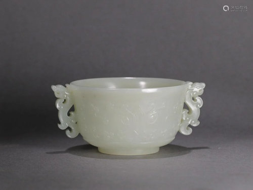 CHINESE HETIAN JADE DRAGON-HANDLED CUP WITH CARVED 'ANIMAL M...