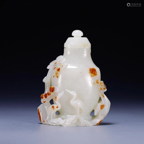 CHINESE HETIAN JADE COVERED VASE WITH CARVED 'CRANE'