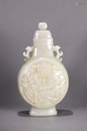CHINESE HETIAN JADE PHOENIX-HANDLED VASE WITH CARVED 'DRAGON...