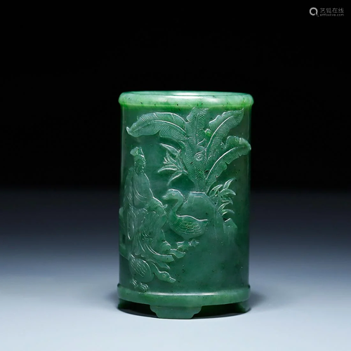 CHINESE INSCRIBED HETIAN JASPER BRUSHPOT WITH CARVED 'FIGURE...